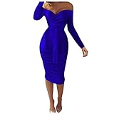 Lishirong Schulterfreies V-Ausschnitt Kleid Cocktailkleid für Damen Knielang Plus Size V-Ausschnitt Langarm Rüschengürtel Kleid