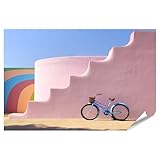 islandburner XXL Bild Poster minimalistisches blaues Fahrrad das an Einer rosa Treppe lehnt mit regenbogenf Premium Bilder Fotodruck