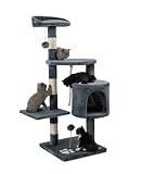 lionto Kratzbaum für Katzen mit 2 Plüschbällen & Spielseil, Höhe 112 cm, Katzenbaum mit Sisalseil & Plüsch, gemütliche Liegefläche & Höhle, inkl. Wandhalterung, für kleine & große Katzen, g