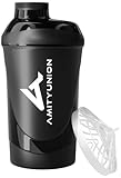 AMITYUNION Protein Shaker Deluxe 800 ml - Eiweiß Shaker auslaufsicher - BPA frei mit Sieb & Skala für Cremige Whey Proteinpulver Shakes Fitness Becher für Isolate und Sport Konzentrate Midnight Black