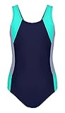 Aquarti Mädchen Badeanzug mit Ringerrücken, Farbe: Dunkelblau/Grau/Grün, Größe: 146