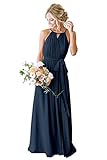 Damen Neckholder Plissee Chiffon Lange Brautjungfernkleider mit Taschen Formelle Kleider Abend Party Kleid, Marineblau, 36