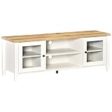 HOMCOM TV-Lowboard Fernsehtisch Fernsehschrank für Fernseher bis zu 60 Zoll mit 2 Glas Türen Regal verstellbar Weiß+Eiche 140 x 39,5 x 50 cm