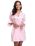 Swagwi Damen Morgenmantel Satin Sexy Bademantel Kurz Kimono Robe V-Ausschnitt Seide Nachtwäsche Elegant Hausmantel Sleepwear für Pyjamas Party Dunkelrosa L