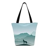 Landschaft mit heulendem Wolf Tier Silhouette 11 × 7 × 13 Zoll maschinenwaschbare robuste Polyester-Einkaufstüten Wiederverwendbare faltbare faltbare wiederverwendbare Tasche zum Einkau
