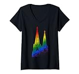 Damen Kölner Dom LGBTQ Pride Regenbogen Silhouette Köln Skyline T-Shirt mit V-Ausschnitt