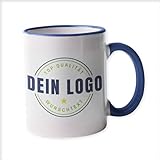 Werbetasse mit Logo | Kaffeetassen mit Logo bedrucken, Tasse mit Logo in kleiner Auflage günstig bestellen, Spülmaschinen- und Mikrowellenfest, 300ml Füllmenge (Dunkelblau, Standard)