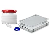 Komplett Set: Pizzaballenbox (40x30x7cm) + Mehlbehälter 10 Liter, inkl. Teigschaber und Mehlschaufel, Kunststoffbehälter für Pizzateig und Mehlfass, Gärbox, Teigbox, Box mit Deckel und Fass