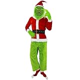 Weihnachten Erwachsene Grinch Kostüm Weihnachtsmann Anzug Herren Damen 7-teiliges Set mit Maske Halloween Xmas Lustig Cosplay Verkleidung Outfit Requisiten, grün, 100