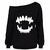 Damen Halloween Pullover Sweatshirts Gothic Schulterfrei Oversized Langarmshirts Streetwear Devil Teeth Bedruckt Frauen Herbst Winter Lässig Sport Oberteil