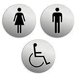 WC Schilder Damen Herren Rollstuhl Ø 75 mm 3er-Set Toilettenschilder Aluminium Edelstahl-Optik Nr.6702-S