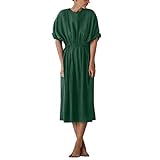 Kleider für Frauen UK kurzes Kleid mit Rundhalsausschnitt elastisches Kleid Taille Frauen solide locker lässig Ärmel Kleid Damen Freizeitkleid Wickelkleid Vestidos, grün, XX-Large