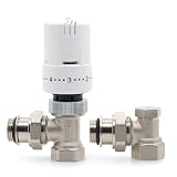Vancoco G1/2 Thermostatventil mit Dichtringanschluss für Heizkörper, Thermostat-Komplett-Set, Eckform, Heizkörperventil, Heizungsventil, Weiß, Flüssigfühler, mit Schloss und Frostschutzstellung