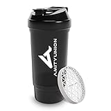 Protein Shaker 700 ml „FYRA“ auslaufsicher - BPA frei mit Pulverfach & Sieb und Skala für cremige Whey Protein Shakes, Shaker Proteinshake, Eiweiß Shaker Becher für Bcaa und Gaming Booster in Schwarz