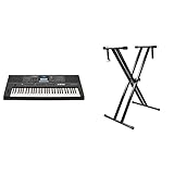 Yamaha PSR-E473 Digital-Keyboard, schwarz – Tragbares, vielseitiges Digital-Keyboard mit 61 anschlagdynamischen Tasten & Rockjam Double Bracked Einstellbarer Tastaturständer mit Verriegelungsbändern