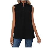 hemd jacke damen tshirt damen schwarz tshirt v ausschnitt sexy Einfarbig Stehkragen Plissiert Patchwork Tanktop Chiffon Bluse mit Knöpfen Sommer Ärmellos Tunika Blusentop bluse ärmellos (Schwarz, L)
