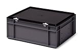 Kunststoff-Stapelbox/Lagerbehälter, grau, mit schwarzem Verschlußdeckel, 400x300x156 mm (LxBxH), stabile Industrie-Ausführung!
