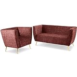 Lounge Möbel Set: Sofa 2 Sitzer, Sessel mit Beinen in Color Gold braun-rot - in Velours-Stoff, mit Metallbeinen für einfache Montage, mit weicher Füllung - Sessel und Sofa für Wohnzimmer, Büro