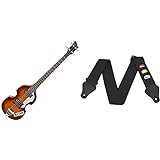 Rocktile VB-1'Sir Paul' Vintage Beatbass (Violinbass, Bassgitarre, Hollowbody, 2 Humbucker) sunburst & Tiger Gitarrengurt mit Plektronhalter, Schwarz