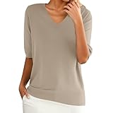 Damen-T-Shirt mit Rundhalsausschnitt, kurzärmelig, lockerer Schnitt, mit Strickunterteil, kurzärmliges T-Shirt für Damen, khaki, S