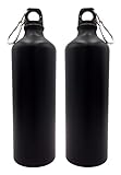 BURI 2X Alu Trinkflasche 1Liter schwarz matt mit Karabiner Wasserflasche Sportflasche