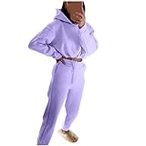 GOKOMO Damen Einfarbig Jogginganzug Sportanzug Langarm Trainingsanzug Hoodie Sweatshirt mit Taschen Jogginghose Damen 2-Teiliges Set Bequem Atmungsaktiv Damenanzug(XL,Lila)