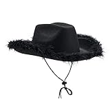 YILEEGOO Damen Halloween Cowgirl Hut Cowboy Hüte Flauschige Feder Krempe Cowboyhut für Junggesellinnenabschied, Kostümparty, Spielen Verkleiden (W3 Schwarz, Einheitsgröße)