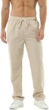 HOEREV Men Casual Strandhosen Leinen Hose- Gr. L (Taille 36-38 zoll), Beig