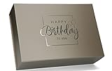 ideas in boxes Premium Geschenkbox Geburtstag, Geschenkkarton, Magnetbox, Magnetfaltbox, Geschenkverpackung für Geburtstag mit Schriftzug, 33x22x10cm, Taupe matt mit Silber