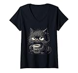 Damen Grimmige Katze für Arbeitskollegen und Katzenliebhaber T-Shirt mit V