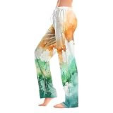 St Patricks Day Pyjamahose für Damen, Damen Stretch Hohe Taille Elegant Palazzo Hose Gerade Lounge Lang Freizeithose mit Taschen 3D-Druck Hose Hausanzug Hosen Relaxhose Weites Bein Sommerhose 2025