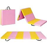 COSTWAY 180 x 60 x 5 cm Weichbodenmatte klappbar, Gymnastikmatte tragbar, Yogamatte wasserabweisend, Turnmatte rutschfest, Klappmatte, Fitnessmatte (Pink + Gelb)