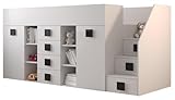 MEBLE KRYSPOL Toledo 3 Hochbett für Kinder, Jugendliche mit Stauraum - Etagenbett mit Schreibtisch, Kleiderschrank, Regal, Schubladen, Treppe - 248,5x93x123 cm - Weiß, Weiß, Schwarz