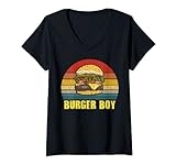 Damen Burger Boy Cheeseburger - Hamburger Lover Retro Vintage T-Shirt mit V-Ausschnitt