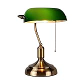MZStech Schreibtischlampe / Bankers Lampe / Bürolampe Weißer Glasschirm, Zugschalter und LED Glühlampe 4w (Grün, Messingbasis)