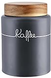 KHG Kaffeedose luftdicht für 500g Kaffeepulver gemahlen aus Keramik/Steingut poliert in Anthrazit Grau mit Holz-Deckel, rund & mit Aufdruck, Kaffee Aufbewahrung luftdicht & aromadicht