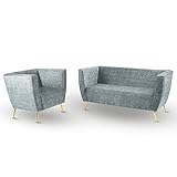 Lounge Möbel Set: Sofa 2 Sitzer, Sessel mit Beinen in Color Gold hellblau - in Velours-Stoff, mit Metallbeinen für einfache Montage, mit weicher Füllung - Sessel und Sofa für Wohnzimmer, Büro