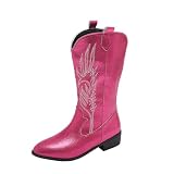 EFLALYHG Rosa,42, Rosa Western-Cowboystiefel für Damen, modische Stiefel mit spitzer Spitze und mittlerer Wadenhöhe, bestickte Römerstiefel mit niedrigem Absatz und breiter Wadenhö