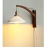 WLKE Walnuss-Wandlampe aus japanischer Keramik, Studier-Teezimmer-Zen-Schwenkarm-Lampe, weißer Keramik-Wellen-Design-Lampenschirm, Lampenarm aus Walnuss (Eschenholz) mit E27-Sockel-Dekor für Rest