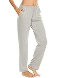 Schlafanzughose Damen Pyjamahosen Lang Jerseyhose Unifarbe Hausehose mit Zwei Taschen, 9750_grau, Gr.- M
