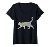Damen Bunte Katzen-Umriss-Verzierung mit kleiner Katze T-Shirt mit V-Ausschnitt