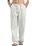 JINIDU Herren Baumwoll Leinenhose Loose Fit Leichte elastische Taille Yoga Strandhose, 1- Weiß, L