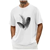T Shirt Herren Weiß Rundhals Baumwolle Tshirt Oversize Sommer Tops Einfaches Feder Drucken Oberteile Modisches Casual T-Shirts Regular Fit Sommershirt All-Match Basic Shirts Jogging Sp