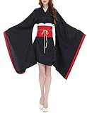 Damen Kurz Kimono Kleid mit Obi Gürtel Gothic Lolita Yukata Robe Japanische Traditionelle Kimono Cosplay Verkleidung (Schwarz, XL)