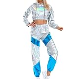 Damen Glänzende Metallic Trainingsanzug Jogginganzug Sportanzug Langarm Kapuzen Crop Top und Cargohose 2er Hosenanzug Hausanzug Hip Hop Glitzer Hoodie Sweatshirt Nachtclub Performance Tanzbekleidung