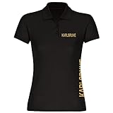 VIMAVERTRIEB® Damen Poloshirt Karlsruhe - Brust & Seite - Druck:Gold metallik - Polo Shirt Hemd Frauen Fußball Fanshop Fanartikel - Größe:M schwarz