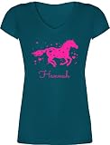 T-Shirt Damen V Ausschnitt - Pferd - Pferde Geschenk Mädchen - M - Türkis - und Name Geschenke personalisierte Reiterin pferdemotiv Reiter Sachen pferden Personalisieren M
