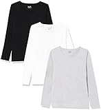 berydale Damen Langarm-Shirt mit Rundhalsausschnitt aus 100% Baumwolle, Schwarz/ Hellgrau Melange/ Weiß (3er Pack), XS