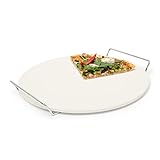 Relaxdays Pizzastein mit Halter, runde Steinplatte für Pizza & Flammkuchen, Grillstein aus Cordierit, 33 cm Ø, beige