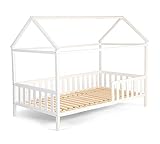 Alcube Hausbett 160x80 cm - 3 bis 9 Jahren - vielseitiges Holz Kinderbett für Jungen & Mädchen - Massivholz Kinder Bett mit Rausfallschutz und Lattenrost 80x160 cm - Weiß